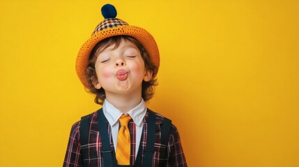 Boy in hat, blowing kiss, yellow background, studio shot, kids fashion