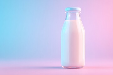 minimalistic image of single milk bottle against pastel background with abundant copy space