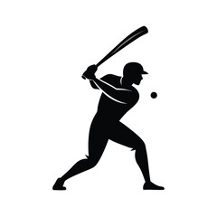 Baseball Batter Powerfully Swinging the Bat – Silhouette Vector Image on White Background