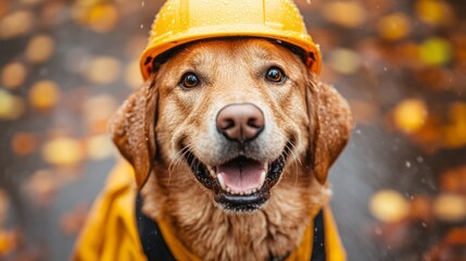 Playful golden retriever wearing a bright yellow hard hat.