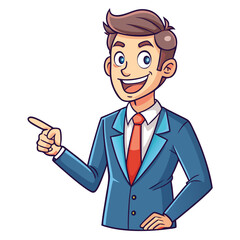 Business man pointing finger at something. Happy face. Hand drawn style vector design illustrations. 