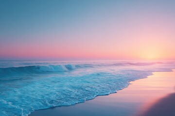 serene and abstract beach scene with gentle waves under soft sunset sky providing vast copy space