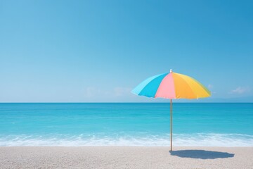Fototapeta premium serene minimalistic beach scene with single colorful parasol casting shadow on empty shore