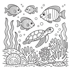 Underwater coloring page with fish, sea turtle, coral reef, and bubbles black and white ocean scene