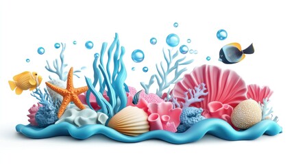 Vibrant underwater coral reef scene with colorful corals, fish, seashells, and starfish