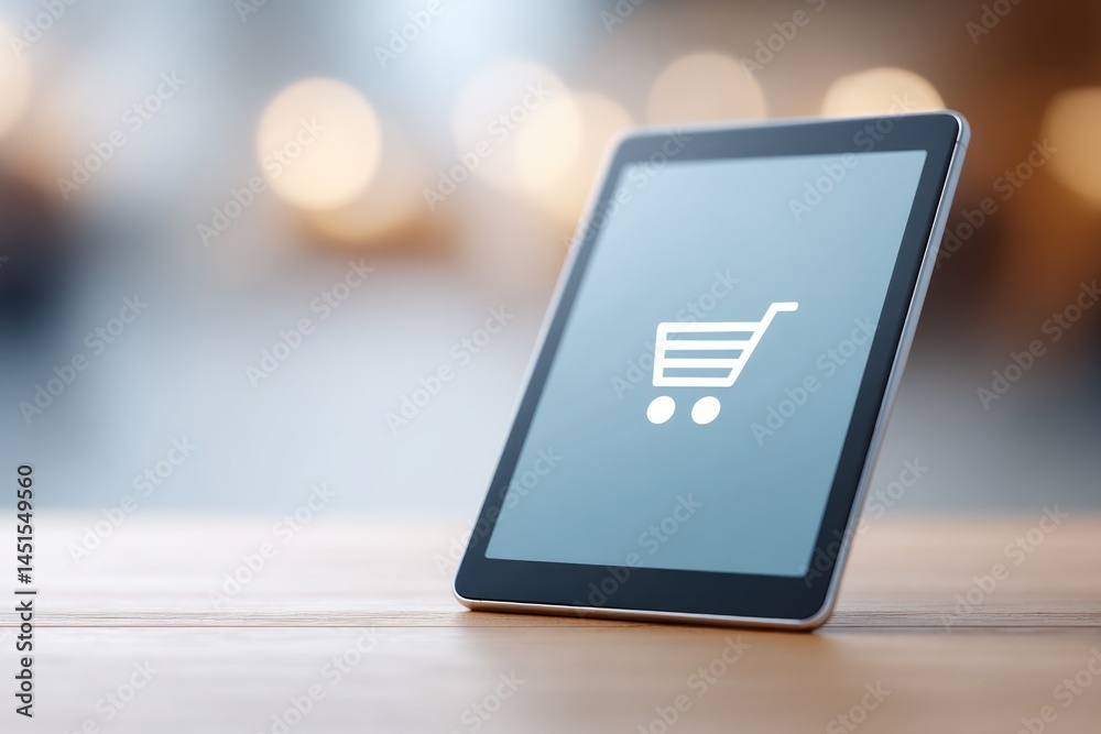 Poster sleek and minimalistic online shopping interface displayed on digital device with ample copy space