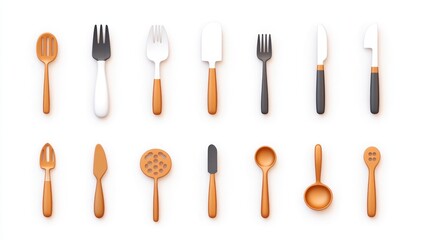 Assorted kitchen utensils in 3D render