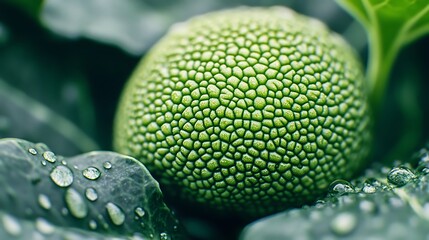 Green fruit with water droplets and texture