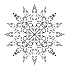 Geometric floral mandala coloring page black and white symmetrical flower pattern for relaxation