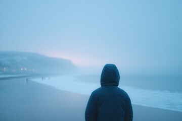 Fototapeta premium solitary figure stands solemnly on serene beach evoking deep reflection and poignant memories with blurred figures
