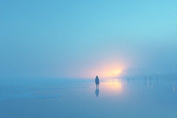 Fototapeta premium solitary figure stands solemnly on serene beach evoking deep reflection and poignant memories with blurred figures