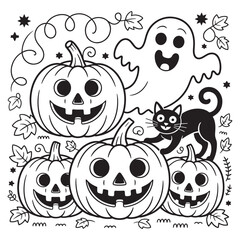 Halloween coloring page with pumpkins, ghost, black cat, and autumn leaves spooky black and white art