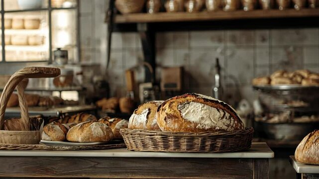 Freshly baked artisan bread in cozy kitchen setting with rustic charm