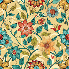 Colorful Floral Seamless Vector Pattern with Intricate Leaf Designs