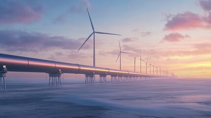 Fototapeta premium Pipeline and Wind Turbines at Sunset: A Vision of Sustainable Energy