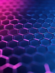Obraz premium Hexagon in Color: An elegant digital rendering showcasing a network of hexagonal cells, intricately arranged and illuminated with a vibrant gradient of magenta and blue.