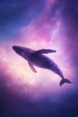 Cosmic Whale: A majestic whale swims gracefully through a vibrant purple and blue nebula, stars twinkling around it, creating a surreal and dreamlike atmosphere.