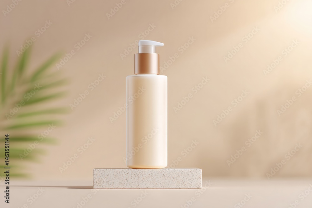 Poster empty podium for cosmetics under soft lighting enveloped in minimalistic setting with ample copy spa