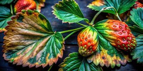 Fototapeta premium Strawberry Leaf Diseases: Long Exposure Photography - Anthracnose, Leaf Spot, Powdery Mildew, Verticillium Wilt Images