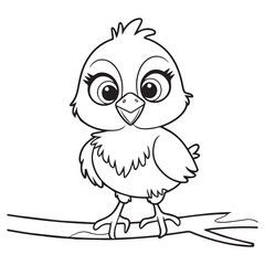 Cartoon chick perched on a branch with a simple black and white outline vector illustration