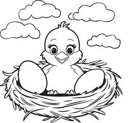 A cartoon chick in a nest with eggs under clouds, black and white line art vector illustration