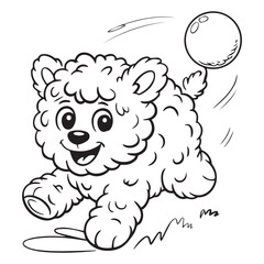 Cartoon dog running with a ball illustration in black and white line art  vector illustration



