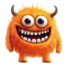 Fototapeta premium Cute and cheerful orange furry monster character cartoon displaying a joyful expression in a vibrant setting, Happy Orange Furry Monster Cartoon Illustration on transparent background