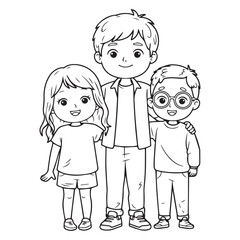 Cartoon line art of a family with a father and two children smiling, vector illustration


