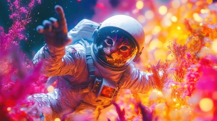 Fototapeta premium A whimsical astronaut cat soaring through a vibrant, otherworldly landscape
