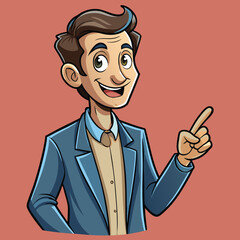 Business man pointing finger at something. Happy face. Hand drawn style vector design illustrations. 