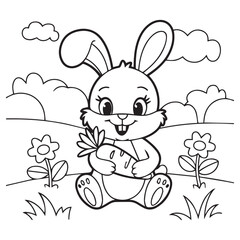   cute bunny holding a carrot sitting in a field coloring page style  vector illustration


