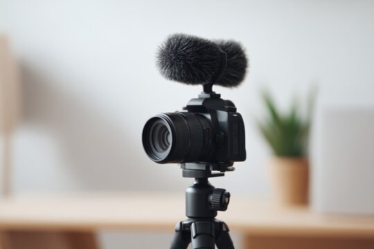 close-up of professional dslr camera mic and tripod setup on neutral background ready to film within modern and minimalistic