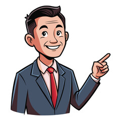 Business man pointing finger at something. Happy face. Hand drawn style vector design illustrations. 