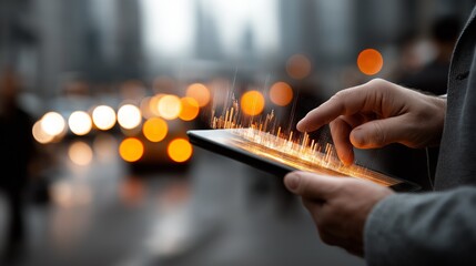 A business person tapping on a tablet with technological data graphics displayed above the screen