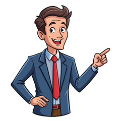 Business man pointing finger at something. Happy face. Hand drawn style vector design illustrations. 