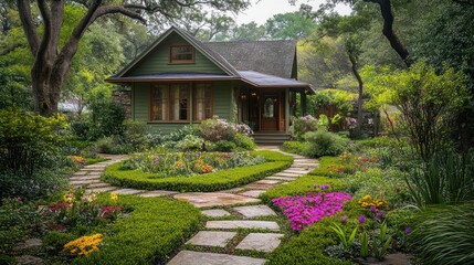 Fototapeta premium Charming green cottage nestled in a lush garden with colorful flowerbeds and stone pathways