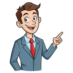 Business man pointing finger at something. Happy face. Hand drawn style vector design illustrations. 
