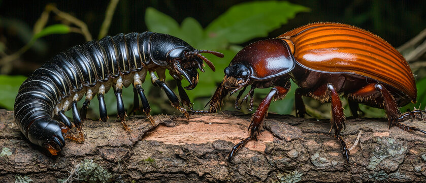 Millipede and beetle face-off on a log