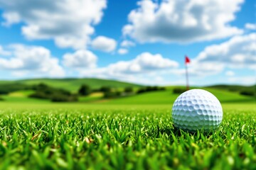 Obraz premium Golf ball on green grass with flag in distance under bright sky.
