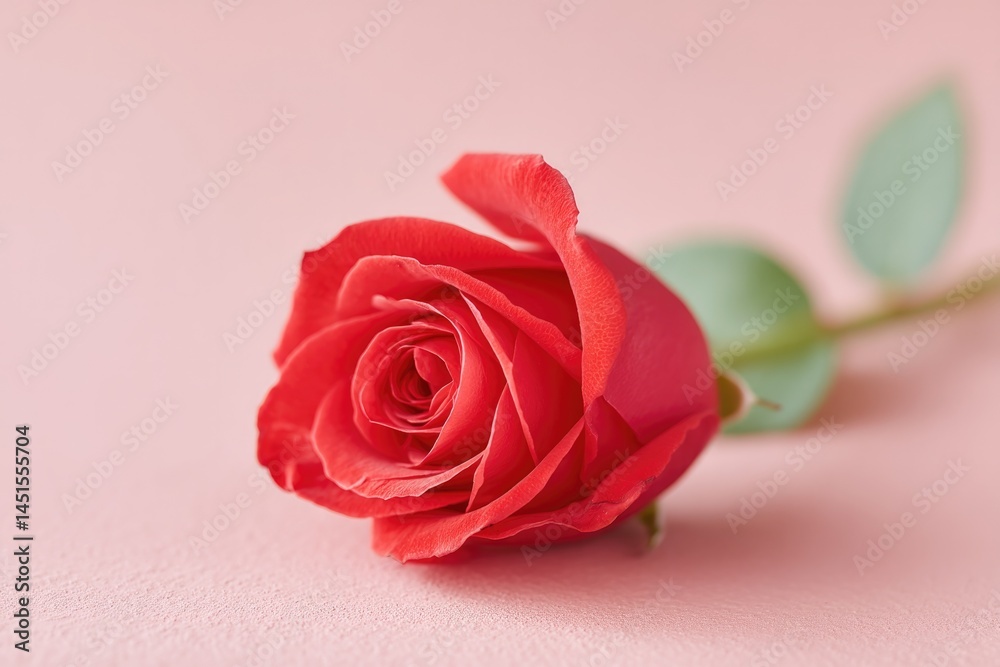 Poster minimalistic image of single red rose with green stem resting elegantly on smooth solid color backgr