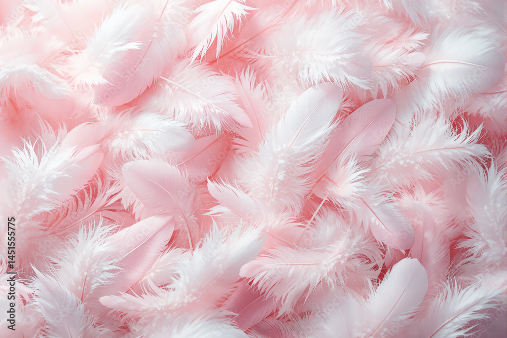 Poster Soft pink and white feathers in close-up view creating a delicate texture.