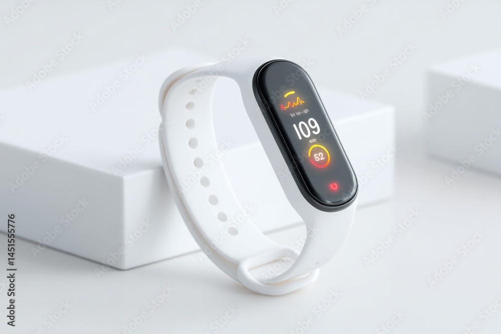 Poster minimalistic image of smart wristwatch displaying health data on clean white surface with ample copy