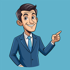 Business man pointing finger at something. Happy face. Hand drawn style vector design illustrations. 