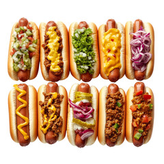 Delicious variety of hot dogs featuring chili, melted cheese, and fresh toppings at a summer cookout, Variety of Hot Dogs Classic, Chili, Melted Cheese, Vegetarian Options On transparent background