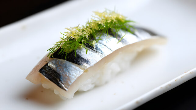 Exquisite Shimesaba Nigiri with Marinated Mackerel Garnished with Fresh Herbs and Vinegar Essence