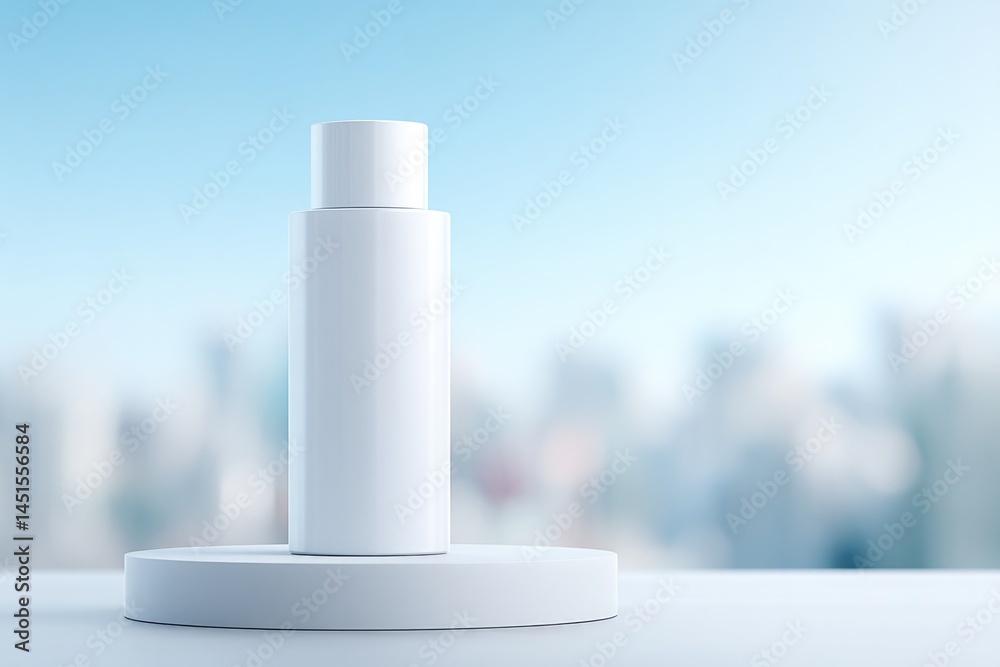 Poster minimalistic setup with empty podium designed for drinks positioned against blurred crowd in backgro