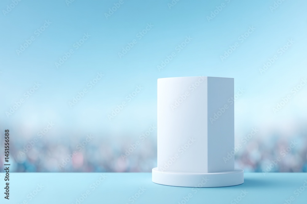 Poster minimalistic setup with empty podium designed for drinks positioned against blurred crowd in backgro