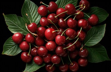 Fresh red cherries with green leaves on black background