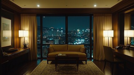 Luxurious room with city view at night