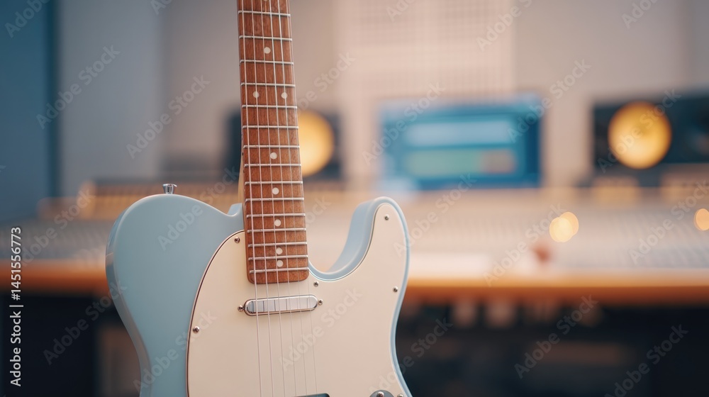 Poster minimalistic view of modern recording studio with instruments neatly arranged in background and ampl